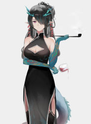 Rule 34 | 1girl, absurdres, alternate costume, arknights, black dress, black hair, breasts, china dress, chinese clothes, cleavage, cleavage cutout, clothing cutout, commentary request, cowboy shot, cup, dress, drinking glass, dusk (arknights), grey background, hair over one eye, highres, holding, holding cup, holding smoking pipe, horns, jenmin12, kiseru, long hair, medium breasts, red eyes, simple background, sleeveless, sleeveless dress, smoking pipe, solo, standing, tail, wine glass
