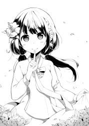 Rule 34 | 1girl, absurdres, blush, braid, cherry blossoms, closed mouth, finger to mouth, flower, greyscale, hair flower, hair ornament, highres, long hair, long sleeves, looking at viewer, monochrome, original, shoonear, smile, solo, twintails