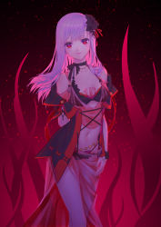 Rule 34 | 1girl, collarbone, commentary request, cyd chen, dark persona, dark sakura, ears visible through hair, fate/stay night, fate (series), flower, hair flower, hair ornament, hand on own thigh, hand on thigh, heaven&#039;s feel, highres, long hair, looking at viewer, matou sakura, navel, pink hair, red eyes, smile, solo, sun, swimsuit