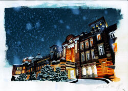 Rule 34 | absurdres, border, building, dated, glowing windows, highres, night, night sky, no humans, original, outdoors, photoshop (medium), real world location, sawitou mizuki, scenery, signature, sky, snow, snowflakes, snowing, tokyo station, traditional media, tree, white border, winter