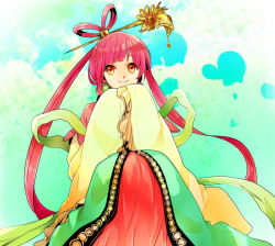 Rule 34 | 1girl, bad id, bad pixiv id, chinese clothes, dress, hair ornament, hair rings, hanfu, hotateko, jewelry, long hair, magi the labyrinth of magic, pink hair, red hair, ren kougyoku, smile, solo, yellow eyes