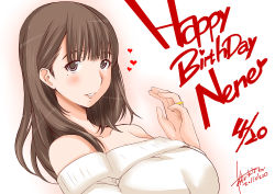 Rule 34 | 1girl, anegasaki nene, aoi manabu, bare shoulders, blush, brown hair, character name, collarbone, dated, english text, gradient background, happy birthday, heart, jewelry, long hair, love plus, mole, mole under eye, purple eyes, ring, signature, solo, text focus, wedding ring