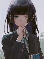 Rule 34 | 1girl, black hair, black jacket, blazer, blunt bangs, bocchi the rock!, closed mouth, collared shirt, commentary request, dress shirt, earrings, green eyes, grey background, half-closed eye, hand up, highres, jacket, jewelry, light smile, long hair, long sleeves, looking at viewer, pa-san, revision, school uniform, shirt, simple background, solo, tentsuu (tentwo), white shirt