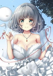Rule 34 | 1girl, :3, alternate costume, arms up, bare shoulders, blue sky, breasts, bridal veil, bride, cleavage, clothes lift, commentary, day, dress, frilled skirt, frills, green eyes, heart, heart of string, highres, impossible clothes, impossible dress, jewelry, konpaku youmu, konpaku youmu (ghost), large breasts, lifting own clothes, looking at viewer, navel, necklace, outdoors, pegashi, short hair, silver hair, skirt, skirt lift, sky, smile, solo, standing, strap slip, string, string of fate, tiara, touhou, tree, upper body, veil, wedding dress, white dress