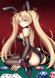 Rule 34 | 1girl, animal ears, ass, back, bare shoulders, black footwear, black thighhighs, blonde hair, blue eyes, blush, bradamante (fate), bradamante (welcome bunny) (fate), braid, breasts, bridal gauntlets, card, crown braid, detached sleeves, fake animal ears, fate/grand order, fate (series), fishnet thighhighs, fishnets, gloves, hair between eyes, hair ornament, high heels, large breasts, leotard, long hair, looking at viewer, looking back, mishiro (ixtlolton), playboy bunny, playing card, poker chip, poker table, rabbit ears, rabbit tail, red background, sitting, solo, table, tail, thighhighs, twintails, very long hair, wariza, wrist cuffs