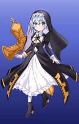Rule 34 | 1girl, absurdres, blue eyes, commentary request, cross staff, full body, gradient background, habit, hair between eyes, highres, honkai (series), honkai impact 3rd, long hair, long sleeves, looking at viewer, low-tied long hair, nun, parted lips, sidelocks, silver hair, simple background, solo, standing, standing on one leg, theresa apocalypse, theresa apocalypse (valkyrie pledge), tor ai