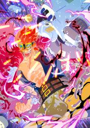 Rule 34 | 1boy, abs, absurdres, broken, broken chain, chain, clenched hand, coat, eustass kid, fighting stance, goggles, highres, ijk969, knife, male focus, muscular, muscular male, one piece, open clothes, open mouth, pectorals, prosthesis, prosthetic arm, red coat, red hair, scar, scar on chest, scar on face, short hair, smile, spiked hair, teeth, twitter username