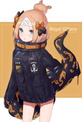Rule 34 | 1girl, abigail williams (fate), abigail williams (traveling outfit) (fate), absurdres, black bow, black jacket, blonde hair, blue eyes, bow, brown background, character name, commentary request, crossed bandaids, english text, fate/grand order, fate (series), hair bow, hair bun, heroic spirit traveling outfit, highres, jacket, kopaka (karda nui), long sleeves, looking at viewer, multiple hair bows, official alternate costume, orange bow, parted bangs, parted lips, polka dot, polka dot bow, single hair bun, sleeves past wrists, solo, standing, star (symbol), suction cups, tentacles, two-tone background, white background