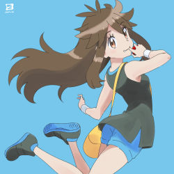 Rule 34 | 1girl, bag, blue background, blue shorts, brown eyes, brown hair, commentary request, creatures (company), dated, eyelashes, floating hair, from side, game freak, green (pokemon), hair flaps, hand up, highres, holding, holding poke ball, long hair, looking to the side, messenger bag, miyahara takuya, nintendo, parted lips, poke ball, pokemon, pokemon lgpe, shirt, shoes, shorts, shoulder bag, sidelocks, simple background, sleeveless, sleeveless shirt, smile, sneakers, solo, wristband