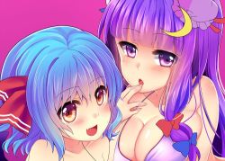 Rule 34 | 2girls, :d, bare shoulders, blunt bangs, blush, bow, breasts, cleavage, collarbone, double bun, fang, hair bow, hair bun, hair ribbon, large breasts, looking at viewer, multiple girls, open mouth, patchouli knowledge, remilia scarlet, ribbon, rimu (kingyo origin), shiny skin, smile, touhou, upper body