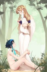 Rule 34 | 1boy, 1girl, abbystea, androgynous, bare shoulders, black hair, blue hair, blush, braid, brown hair, chest tattoo, closed mouth, day, dress, earrings, feather earrings, feathers, flower, forest, genshin impact, gradient hair, grass, green eyes, hair flower, hair ornament, highres, holding, holding flower, hugging another&#039;s leg, jewelry, laurel crown, lisa (genshin impact), long hair, multicolored hair, nature, nude, outdoors, purple flower, purple rose, rose, russian commentary, short hair with long locks, sidelocks, sitting, smile, standing, tattoo, twin braids, venti (genshin impact), white dress
