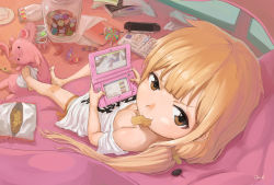 Rule 34 | 10s, 1girl, barefoot, blonde hair, brown eyes, candy, chips (food), clothes writing, food, futaba anzu, handheld game console, idolmaster, idolmaster cinderella girls, jonathan h, lollipop, long hair, monster hunter (series), nintendo 3ds, playstation vita, potato chips, shirt, solo, stuffed animal, stuffed rabbit, stuffed toy, t-shirt, toes, twintails, you work you lose