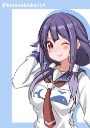 Rule 34 | 1girl, ahoge, animal print, blue sailor collar, commentary request, fish print, hair flaps, hair ornament, highres, kantai collection, kurano kisuke, long hair, looking at viewer, low twintails, magatama, neckerchief, one-hour drawing challenge, one eye closed, purple hair, red eyes, sailor collar, school uniform, serafuku, smile, solo, taigei (kancolle), twintails, two side up, upper body, whale hair ornament, whale print