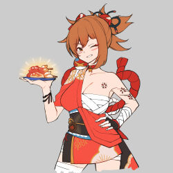 Rule 34 | 1girl, absurdres, bandaged arm, bandaged leg, bandages, breasts, brown eyes, brown hair, choker, cleavage, cropped legs, food, genshin impact, grey background, grin, hadanugi dousa, hand on own hip, highres, holding, holding plate, japanese clothes, kimono, large breasts, looking at viewer, mikaku (vbvpahw9), one eye closed, open kimono, plate, ponytail, red choker, red kimono, sarashi, simple background, smile, solo, tattoo, vision (genshin impact), yoimiya (genshin impact)
