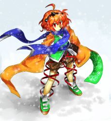 Rule 34 | androgynous, bow, from above, gender request, hairband, highres, japanese clothes, len&#039;en, matching hair/eyes, orange eyes, orange hair, scarf, short hair, snow, solo, unibazooka, zuifeng tenkai