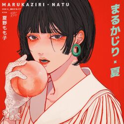 Rule 34 | 1girl, album cover, black hair, blunt bangs, brown eyes, commentary request, cover, earrings, food, fruit, gloves, hand up, highres, holding, holding food, holding fruit, jewelry, kagoya1219, lace, lace gloves, looking at viewer, original, parted lips, peach, portrait, red background, shirt, short hair, signature, simple background, solo, translation request, white gloves, white shirt