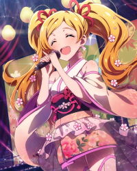 Rule 34 | 10s, 1girl, ^ ^, bare shoulders, blonde hair, emily stewart, closed eyes, idolmaster, idolmaster million live!, japanese clothes, long hair, microphone, music, musical note, open mouth, singing, smile, solo, twintails, wireless