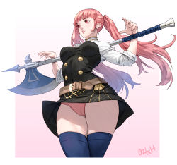Rule 34 | 1girl, artist name, axe, battle axe, belt, breasts, commentary, female focus, fingernails, fire emblem, fire emblem: three houses, garreg mach monastery uniform, gradient background, highres, hilda valentine goneril, holding, lips, long hair, looking away, matching hair/eyes, medium breasts, nintendo, ozkh, panties, pantyshot, parted lips, pink eyes, pink hair, pink panties, signature, simple background, skirt, sleeves rolled up, smile, solo, thighhighs, thighs, twintails, underwear, uniform, upskirt, weapon, zettai ryouiki