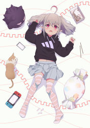 Rule 34 | 1girl, absurdres, ahoge, black hoodie, blush, candy, cat, cellphone, chopsticks, commentary request, creatures (company), crossover, cup ramen, cushion, drawstring, food, full body, game freak, gen 1 pokemon, gengar, grey hair, handheld game console, highres, hood, hoodie, instant soba, lying, makaino ririmu, medium hair, multicolored hair, navel, nijisanji, nintendo, nintendo switch, no shoes, noodles, on back, open mouth, phone, pointy ears, pokemon, pokemon (creature), red eyes, red hair, sabamen, skirt, sleeves past wrists, smartphone, solo, streaked hair, striped clothes, striped thighhighs, stuffed toy, thighhighs, twintails, virtual youtuber, yakisoba, zettai ryouiki