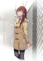 Rule 34 | 1girl, arms behind back, black pantyhose, blurry, blurry background, breasts, breath, brown coat, brown hair, chain-link fence, coat, collared shirt, cowboy shot, eyebrows, fence, grey eyes, hood, hooded coat, long hair, long sleeves, looking at viewer, makise kurisu, namari, necktie, outdoors, own hands together, pantyhose, red necktie, shirt, small breasts, snow, solo, steins;gate, straight hair, white shirt