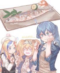 Rule 34 | !, 3girls, alternate costume, az toride, belt, beret, black dress, blonde hair, blue eyes, blue hair, blue shirt, breast pocket, broken chopsticks, buttons, chopsticks, closed eyes, commandant teste (kancolle), commentary request, crying, dress, fish, flying sweatdrops, food, fruit, gambier bay (kancolle), goat, gotland (kancolle), hair between eyes, hairband, hat, kantai collection, lime (fruit), long hair, long sleeves, mole, mole under eye, multicolored hair, multicolored hairband, multiple girls, partially translated, pinafore dress, plate, pocket, saury, shirt, short sleeves, sleeveless dress, sparkling eyes, tearing up, translation request, twintails, white background, white shirt