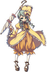 Rule 34 | 00s, 1girl, cota, dress, drill hair, full body, green eyes, green hair, hair ornament, holding, kanaria, lolita fashion, long hair, long sleeves, looking at viewer, lowres, matching hair/eyes, pants, pantyhose, rozen maiden, shoes, simple background, solo, standing, umbrella, white background, white pantyhose