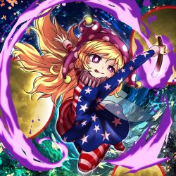 Rule 34 | 1girl, american flag dress, american flag legwear, arms up, blonde hair, blush stickers, clownpiece, collar, fairy wings, fire, frilled collar, frilled shirt collar, frills, fur trim, hat, highres, jester cap, long hair, neck ruff, nomayo, outstretched arms, pantyhose, polka dot, purple eyes, solo, striped clothes, striped pantyhose, tongue, tongue out, torch, touhou, very long hair, wings