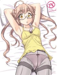 Rule 34 | 1girl, ahoge, armpits, arms behind head, bow, bow panties, breasts, camisole, cowboy shot, dated, double bun, glasses, gluteal fold, grey pantyhose, hair bun, kantai collection, looking at viewer, lying, makigumo (kancolle), panties, pantyhose, pillow, pink hair, pink panties, rabbit, small breasts, solo, tatsumi ray, thighband pantyhose, twintails, twitter username, underwear, yellow camisole, yellow eyes