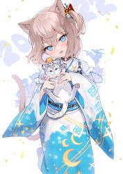 Rule 34 | 1girl, 2022, absurdres, animal, animal ear fluff, animal ears, black choker, blue eyes, blue kimono, cat, chinese zodiac, choker, cowboy shot, hair between eyes, hair ornament, happy new year, heart, heart choker, highres, holding, holding animal, holding cat, japanese clothes, kimono, light brown hair, looking at viewer, medium hair, new year, obi, one side up, original, sash, simple background, solo, tail, tail raised, white background, white kimono, wide sleeves, year of the tiger, yuzukicture, ||/