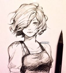 Rule 34 | 1girl, apron, art tools in frame, artist name, black hair, clivenzu, closed mouth, collarbone, commentary, dress, english commentary, facing viewer, hair over one eye, highres, kirishima touka, looking at viewer, pencil, short hair, sketch, solo, tokyo ghoul, traditional media