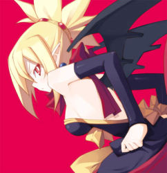 Rule 34 | 1girl, bare shoulders, bat wings, blonde hair, bow, breasts, bright pupils, disgaea, dress, lowres, makai senki disgaea 2, nippon ichi, pink background, pointy ears, red eyes, rozalin, shingo (missing link), sideboob, slit pupils, strapless, strapless dress, wings, yellow bow