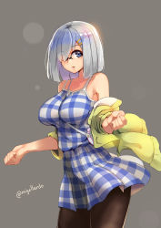 Rule 34 | 1girl, absurdres, bare shoulders, between breasts, breasts, brown pantyhose, checkered clothes, checkered dress, contrapposto, cowboy shot, dress, glasses, grey background, hair ornament, hair over one eye, hairclip, hamakaze (kancolle), highres, jacket, kantai collection, kion-kun, large breasts, lens flare, long hair, looking at viewer, mash kyrielight, mash kyrielight (senpai killer outfit), off shoulder, official alternate costume, open clothes, open jacket, over-rim eyewear, pantyhose, semi-rimless eyewear, short hair, silver hair, simple background, solo, standing, strap between breasts, twitter username, yellow jacket