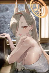 Rule 34 | 1girl, absurdres, animal ears, blonde hair, blue archive, blush, breasts, cleavage, eyeshadow, fang, hair over one eye, halo, highres, kaho (blue archive), kuren kren, large breasts, long hair, looking at viewer, makeup, naked towel, onsen, open mouth, partially submerged, red eyeshadow, short eyebrows, skin fang, solo, towel, water, yellow eyes, yellow halo