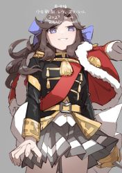 Rule 34 | 1girl, absurdres, aiguillette, black jacket, bow, brown hair, commentary, cowboy shot, english text, epaulettes, fur-trimmed jacket, fur trim, goe (g-o-e), gold trim, grey background, grey skirt, grin, hair bow, highres, holding, holding sword, holding weapon, jacket, jacket on shoulders, long sleeves, looking at viewer, military jacket, parted lips, pleated skirt, purple bow, purple eyes, reaching, reaching towards viewer, red jacket, red sash, sash, shoujo kageki revue starlight, shoulder sash, simple background, skirt, smile, solo, sword, tassel, teeth, tendou maya, translated, weapon
