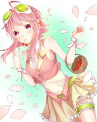 Rule 34 | 1girl, basket, belt, blush, bridal garter, cherry, cropped vest, food, frilled skirt, frills, fruit, goggles, goggles on head, gumi, headphones, highres, holding, holding basket, looking at viewer, mai mugi, mouth hold, nail polish, petals, pink eyes, pink hair, sakura gumi, short hair with long locks, skirt, solo, vest, vocaloid, wrist cuffs