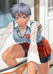 Rule 34 | 1girl, bag, bang-you, belt, between breasts, bicycle, bike shorts, bike shorts under skirt, blue eyes, blush, breasts, buttons, collarbone, collared shirt, colored eyelashes, covered erect nipples, dark-skinned female, dark skin, day, dress shirt, english text, foreshortening, grey hair, highres, large breasts, leaning forward, light smile, long sleeves, looking at viewer, miniskirt, original, outdoors, outstretched arms, plaid, plaid skirt, pleated skirt, red skirt, riding, ryouko-chan, school uniform, see-through, shirt, short hair, shorts, shorts under skirt, skirt, smile, solo, strap between breasts, sweat, sweater vest, thighs, tomboy, toned, unbuttoned, very short hair, vest, wet, wet clothes, wet shirt, white shirt, window