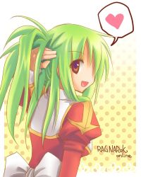 Rule 34 | 1girl, :d, border, bow, brown eyes, commentary request, copyright name, dress, eyes visible through hair, green hair, hair between eyes, hand in own hair, heart, high priest (ragnarok online), juliet sleeves, long hair, long sleeves, looking at viewer, looking back, lowres, open mouth, polka dot, polka dot background, puffy sleeves, ragnarok online, red dress, sakakura (sariri), smile, solo, spoken heart, two-tone dress, upper body, white border, white bow, white dress, yellow background