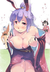 Rule 34 | 3girls, alternate costume, alternate hairstyle, animal ears, bad id, bad pixiv id, blue hair, blush, blush stickers, breasts, brown hair, carrot, cheering, chibi, chibi inset, cleavage, collarbone, commentary request, embarrassed, floral print, hair ornament, heiya, inaba tewi, japanese clothes, kimono, kneeling, large breasts, light purple hair, long sleeves, looking at viewer, motion lines, multiple girls, obi, panties, pantyshot, ponytail, purple hair, rabbit ears, red eyes, reisen, reisen udongein inaba, sash, shiny skin, short hair, smile, solo focus, sweatdrop, text focus, touhou, translation request, trembling, underwear, undressing, wide sleeves