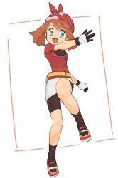 Rule 34 | 1girl, :d, bandana, bike shorts, black legwear, black shorts, blue eyes, breasts, brown hair, creatures (company), game freak, gloves, highres, jacket, long hair, may (pokemon), nintendo, nyonn24, open mouth, outstretched arm, pokemon, pokemon rse, red bandana, red jacket, short shorts, short sleeves, shorts, shorts under skirt, simple background, skirt, small breasts, smile, solo, standing, standing on one leg, twintails, white background, white skirt