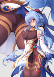 Rule 34 | 1girl, :o, ahoge, ass, awa yume, bare shoulders, bell, black gloves, blue hair, blush, bodice, bodysuit, breasts, brown bodysuit, brown leotard, chinese knot, close-up, commentary request, covered erect nipples, cowbell, cowboy shot, detached sleeves, flower knot, from below, ganyu (genshin impact), genshin impact, gloves, goat horns, gold trim, hair between eyes, highres, horns, leotard, leotard under clothes, long hair, looking at viewer, low ponytail, medium breasts, mtu virus, multiple views, parted lips, purple eyes, sidelocks, standing, underwear, upper body, upskirt, vision (genshin impact)