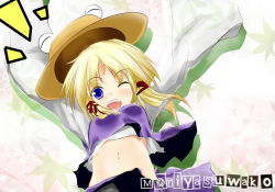 Rule 34 | 1girl, arms up, blonde hair, female focus, gradient background, happy, hat, highres, midriff, moriya suwako, navel, one eye closed, open mouth, so-ren, solo, touhou, white background, wink