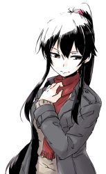 Rule 34 | 1girl, alternate costume, bad id, bad twitter id, black hair, casual, closed mouth, coat, grey coat, kantai collection, long hair, ponytail, red eyes, red scarf, rindou (rindou annon), scarf, sidelocks, simple background, solo, sweater, white background, yahagi (kancolle)