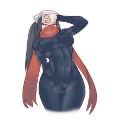 Rule 34 | 1girl, abs, akari (pokemon), black bodysuit, bodysuit, breasts, covered erect nipples, covered navel, creatures (company), cropped legs, game freak, grey eyes, guido (sucurapu), hand over face, head scarf, highres, long hair, looking at viewer, medium breasts, nintendo, pokemon, pokemon legends: arceus, red scarf, scarf, sidelocks, solo, white headwear