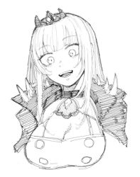 Rule 34 | 1girl, blunt bangs, breasts, cape, cleavage, cleavage cutout, clothing cutout, cropped torso, graphite (medium), greyscale, haioku colonel, hatching (texture), hololive, hololive english, large breasts, looking down, monochrome, mori calliope, open mouth, solo, spikes, tiara, traditional media, virtual youtuber, white background