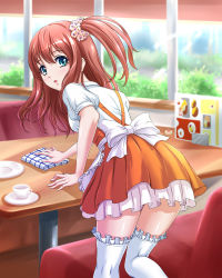 Rule 34 | 1girl, anna miller, apron, arm support, bad id, bad pixiv id, blue eyes, bow, breasts, brown hair, chaki-yam, cup, frilled thighhighs, frills, from behind, hair ornament, hair scrunchie, indoors, leaning forward, looking at viewer, looking back, menu, one side up, open mouth, orange skirt, original, plate, restaurant, saucer, scrunchie, short sleeves, side ponytail, skirt, small breasts, solo, table, thighhighs, towel, waitress, white thighhighs, window, wiping
