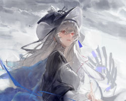 Rule 34 | 1girl, arknights, blurry, blurry background, brush stroke, cape, closed mouth, cloud, cloudy sky, eyes visible through hair, female focus, fossil, from below, from side, hat, highres, kurikabacha, long hair, long sleeves, looking at viewer, outstretched hand, rain, red eyes, sky, solo, specter (arknights), specter the unchained (arknights), tilted headwear, upper body, white hair, wind