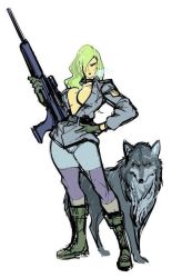 Rule 34 | 1girl, boots, breasts, cleavage, gun, h&amp;k psg1, hair over one eye, hand on own hip, large breasts, long hair, metal gear (series), metal gear solid, rifle, sniper rifle, sniper wolf, solo, watatanza, weapon