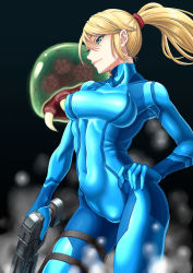 Rule 34 | 1girl, armpits, black background, blonde hair, blue eyes, bodysuit, breasts, collarbone, colored eyelashes, contrapposto, covered navel, cowboy shot, from side, gloves, gun, hair between eyes, hand on own hip, handgun, high ponytail, highres, hip bones, holding, holding weapon, looking to the side, metroid, metroid: other m, metroid (creature), mole, mole under mouth, monster, nintendo, ponytail, samus aran, scrunchie, skin tight, smile, solo, standing, steam, syunzou, thigh strap, turtleneck, weapon, zero suit
