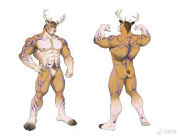 Rule 34 | 1boy, animal ears, antlers, armpit hair, armpit hair peek, ass, back, bara, body markings, bone armor, bulge, chest tuft, completely nude, deer antlers, deer boy, deer ears, deer tail, double biceps pose, flexing, frde, from behind, furry, furry male, hand on own hip, hands up, highres, horns, large pectorals, looking at viewer, male focus, mature male, moon tattoo, muscular, muscular male, navel, navel hair, nipples, nude, original, pectorals, short hair, sideburns, smile, standing, tail, thick eyebrows, thick thighs, thighs, white background