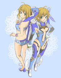Rule 34 | 2girls, ahoge, ass, bikini, blonde hair, breasts, butt crack, cleavage, cyborg, dual persona, fiora (xenoblade), from above, from behind, green eyes, mecha-fiora, mecha-fiora (speed cowling), multiple girls, nintendo, pontaaaaa, short hair, spoilers, swimsuit, xenoblade chronicles 1, xenoblade chronicles (series)